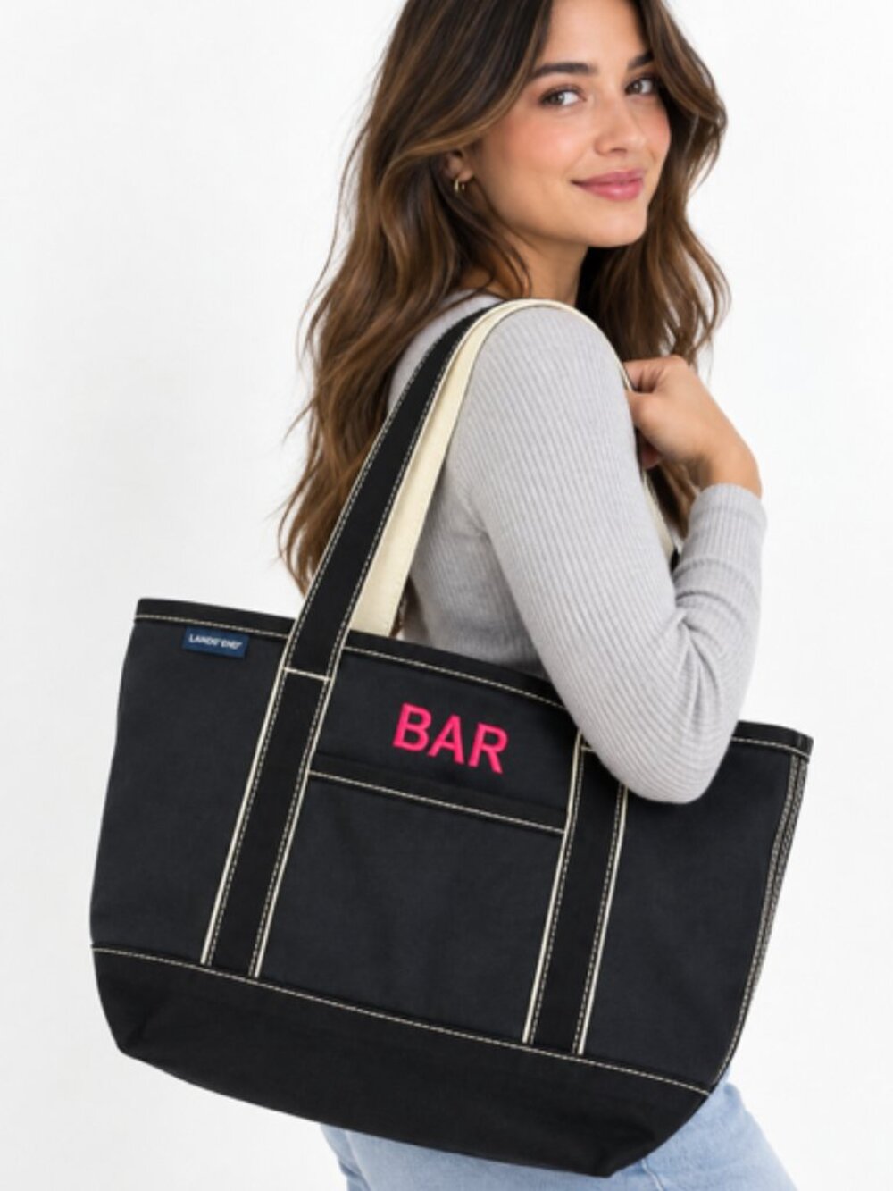 Lands’ End Black Canvas Boat Tote Bag Pink BAR Embroidered Mini Shopper